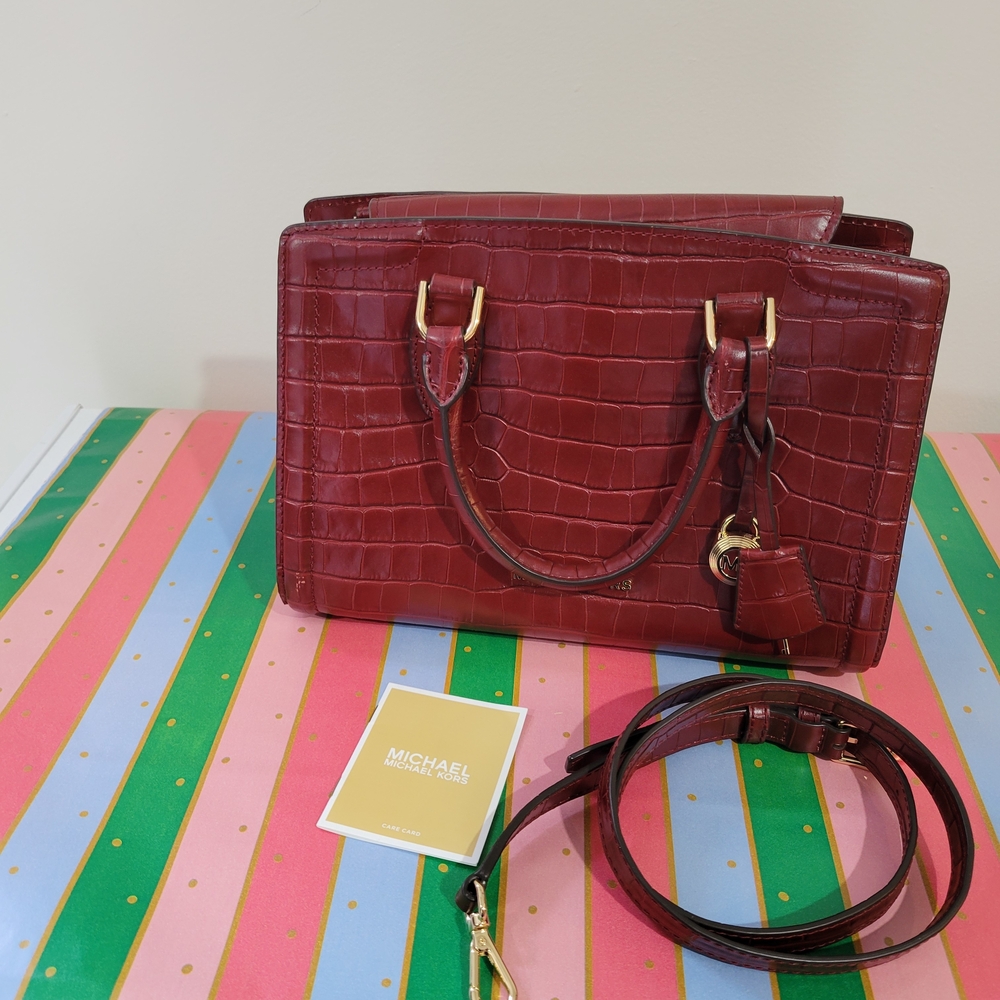 MICHAEL KORS Burgundy Crocodile-Embossed Leather Handbag Gold Hardware NWOT - Picture 12 of 16